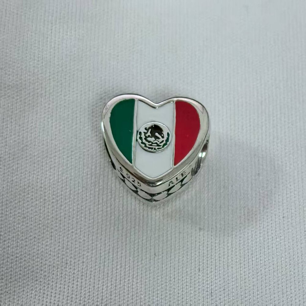 Pandora Love Mexico Flag Charm Heart Bead Charm Travel, S925 Silver Jewelry